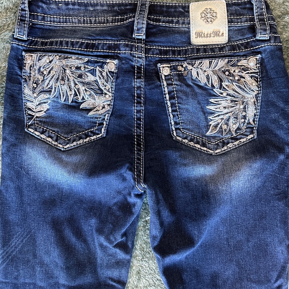 Miss Me Blue Cropped Jeans with Intricate Embroidery